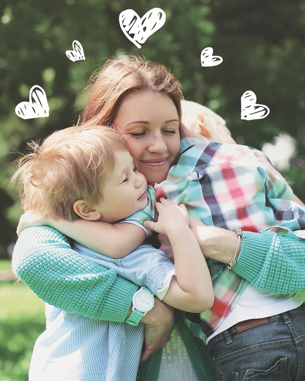 Hugging mother and child outdoors, symbolizing safety and love in a natural setting.
